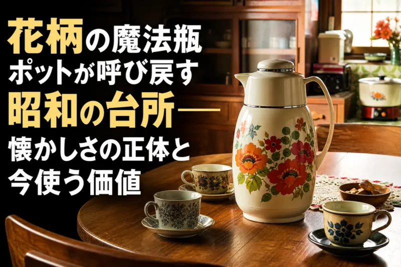 昭和風の食卓に花柄の魔法瓶ポットが置かれている。