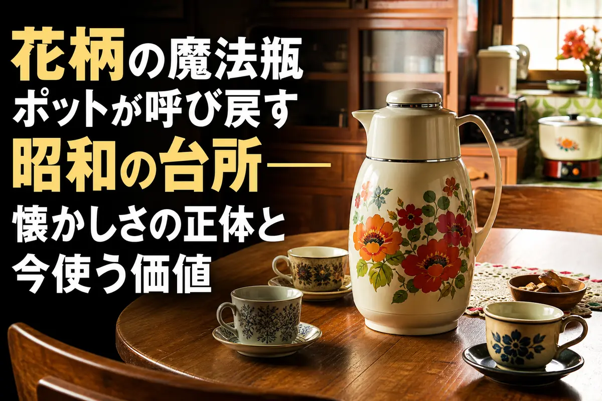 昭和風の食卓に花柄の魔法瓶ポットが置かれている。