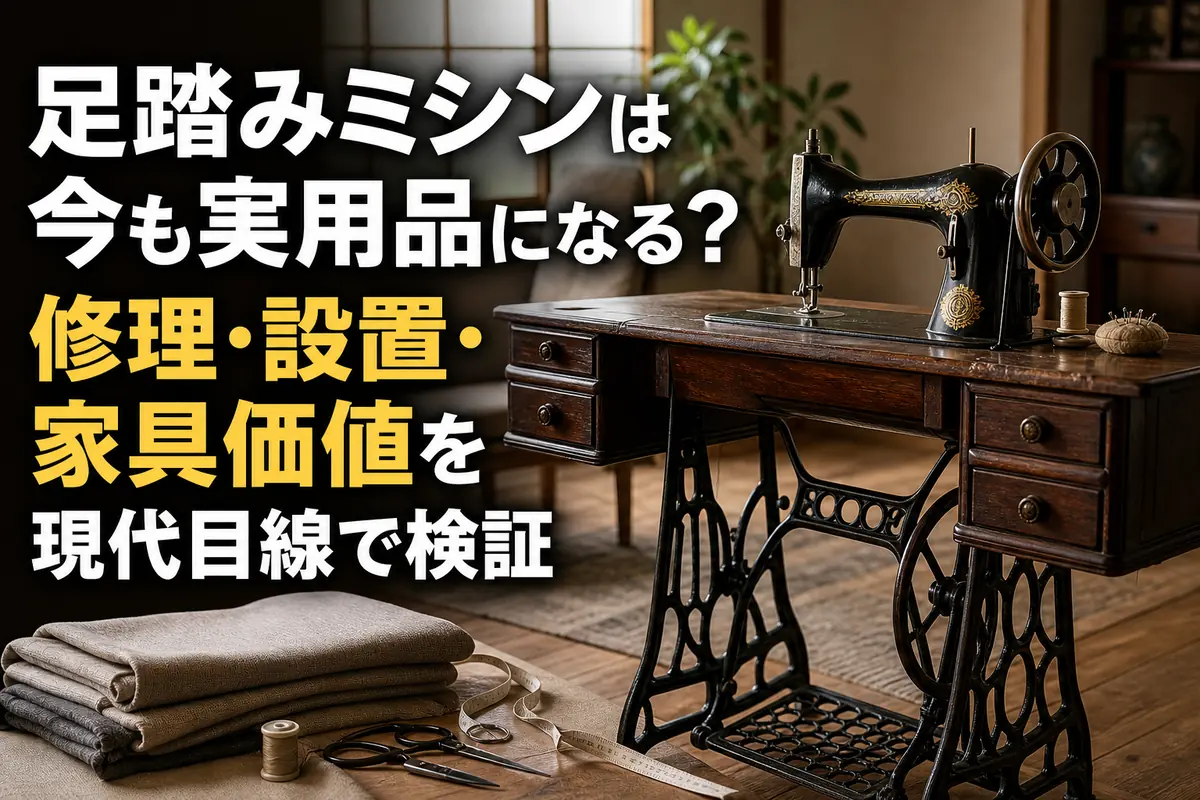 現代の室内に置かれた木製台付きの足踏みミシン。