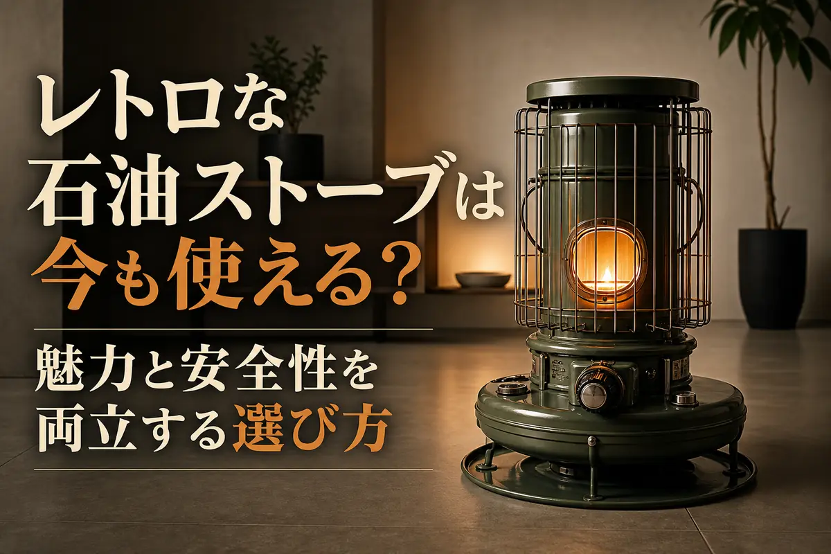 現代の室内に安全な間隔を空けて置かれたレトロ調の石油ストーブ。