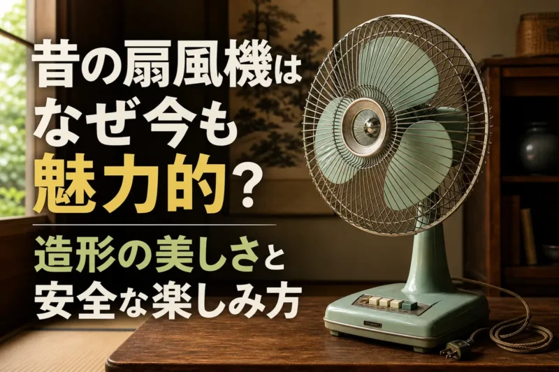 現代の部屋に展示された淡い緑色の昭和風扇風機。