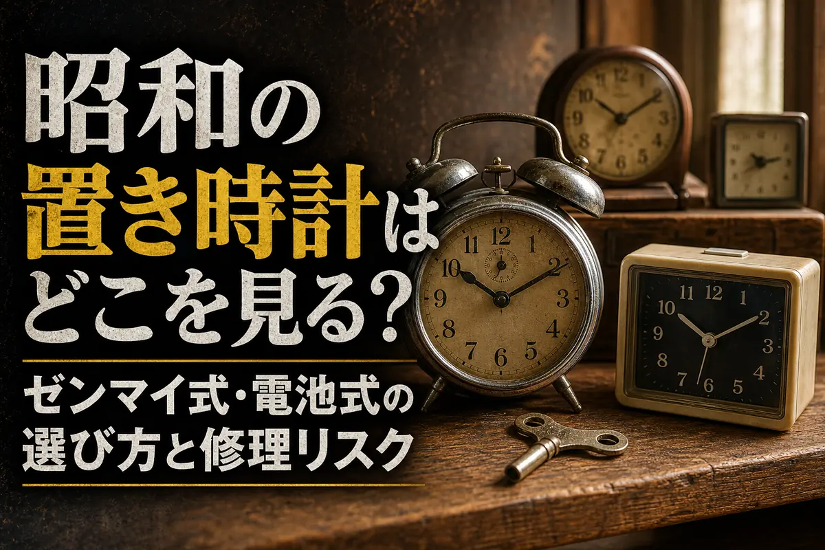 木製の棚にゼンマイ式と電池式の昭和の置き時計が並ぶ様子。