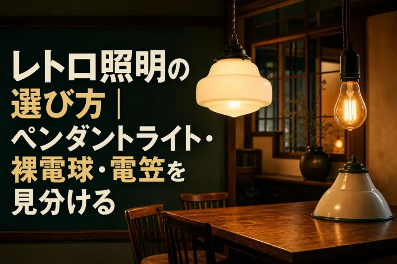 乳白ガラスのペンダントライトと裸電球が灯るレトロな室内。