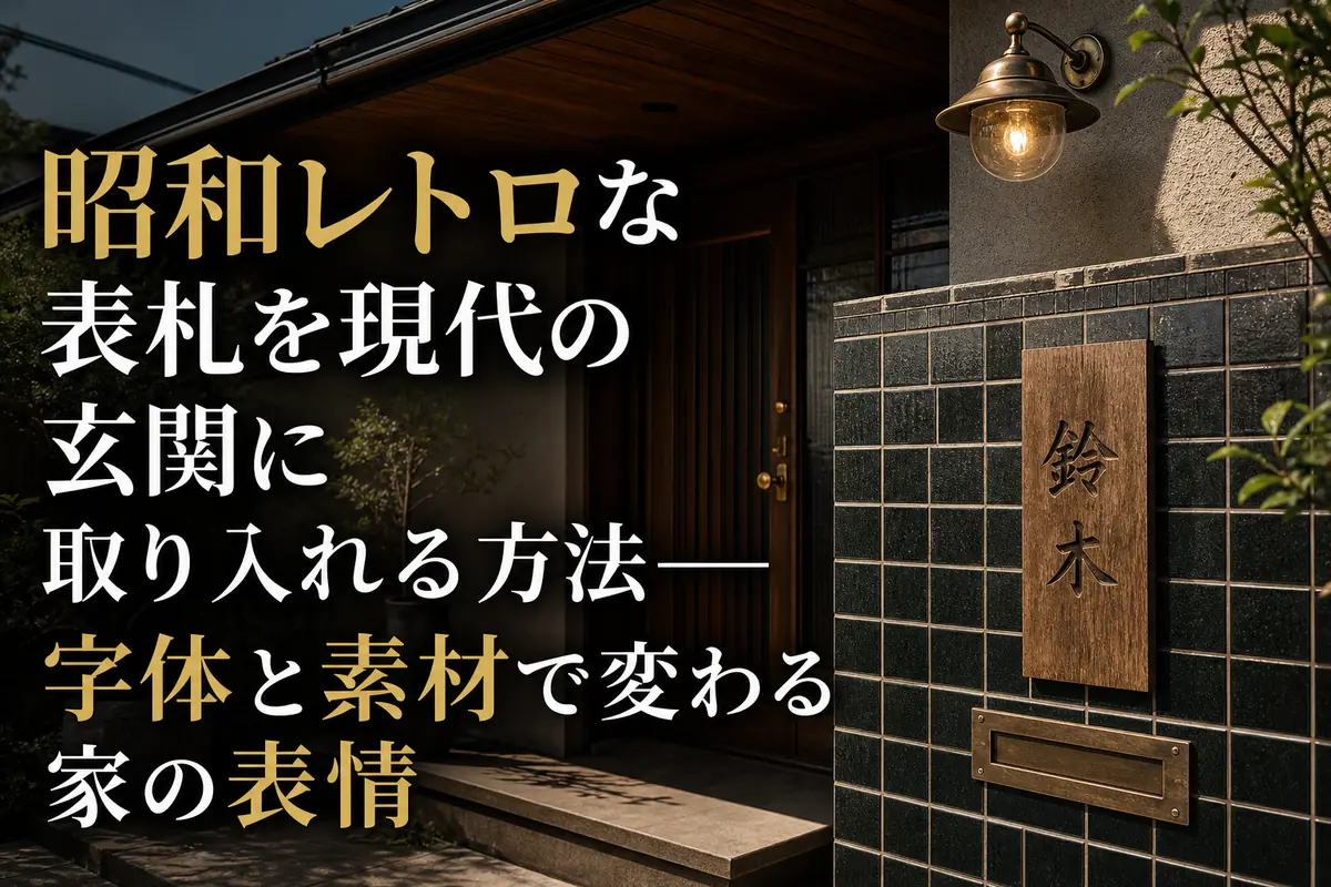 昭和風の木製表札を現代住宅の玄関に取り入れた様子。