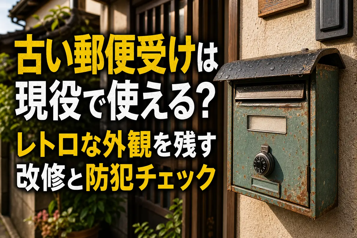 古い金属製郵便受けの外観と施錠部分を確認するイメージ。