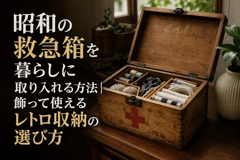 昭和の木製救急箱を小物収納として現代の棚に飾った様子。