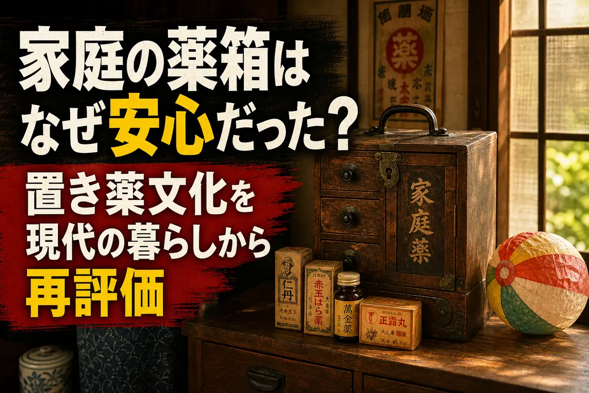 昭和の家庭を思わせる木製の薬箱と古い薬袋。
