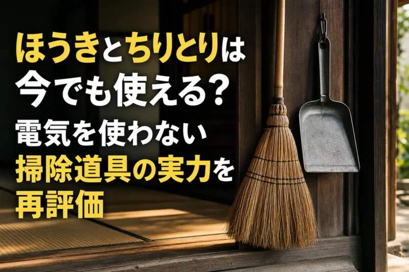 木の玄関に昔ながらのほうきと金属製ちりとりが並ぶ様子。