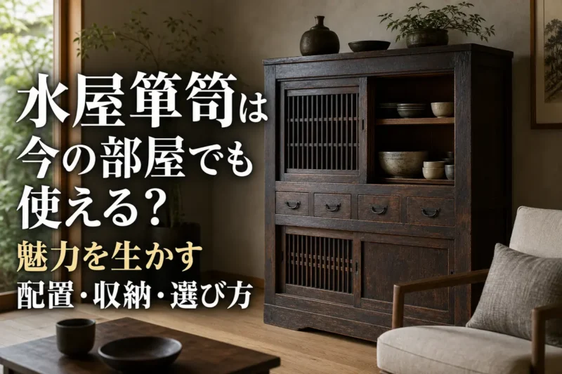 現代的なリビングに置かれた木製の水屋箪笥。