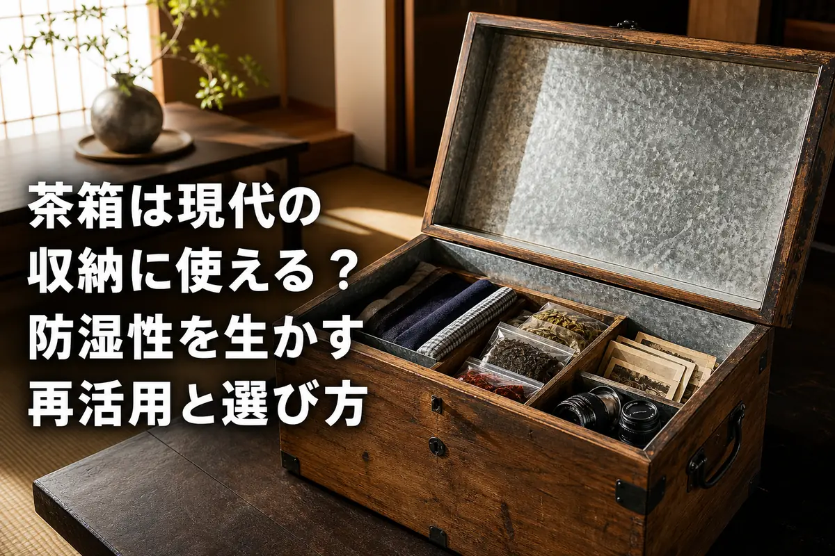 現代の室内で収納用品として再活用された木製の茶箱。