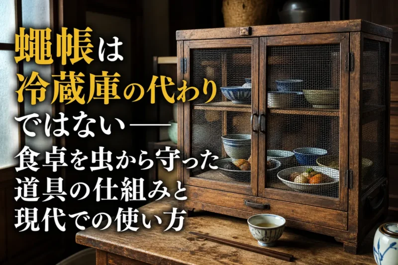 昭和の食卓に置かれた木製の蝿帳と、その中に収められた器。