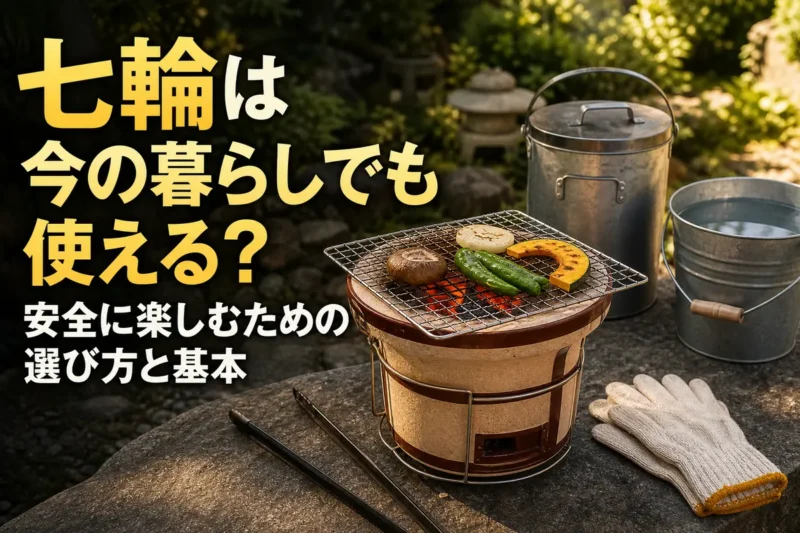 開放的な屋外で安全用品とともに使われている珪藻土の七輪。