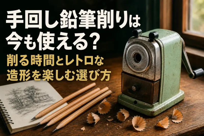 木の机に置かれたレトロな手回し鉛筆削りと削りたての鉛筆。