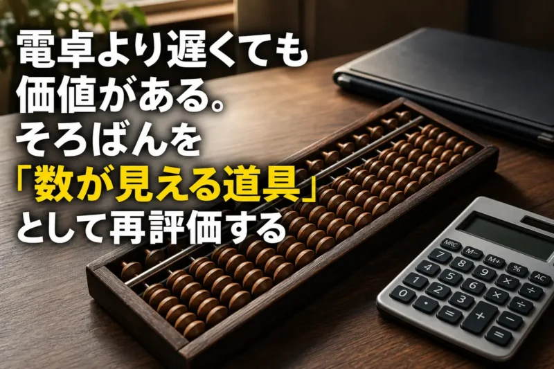 木製のそろばんと電卓を現代の机上に並べた様子。