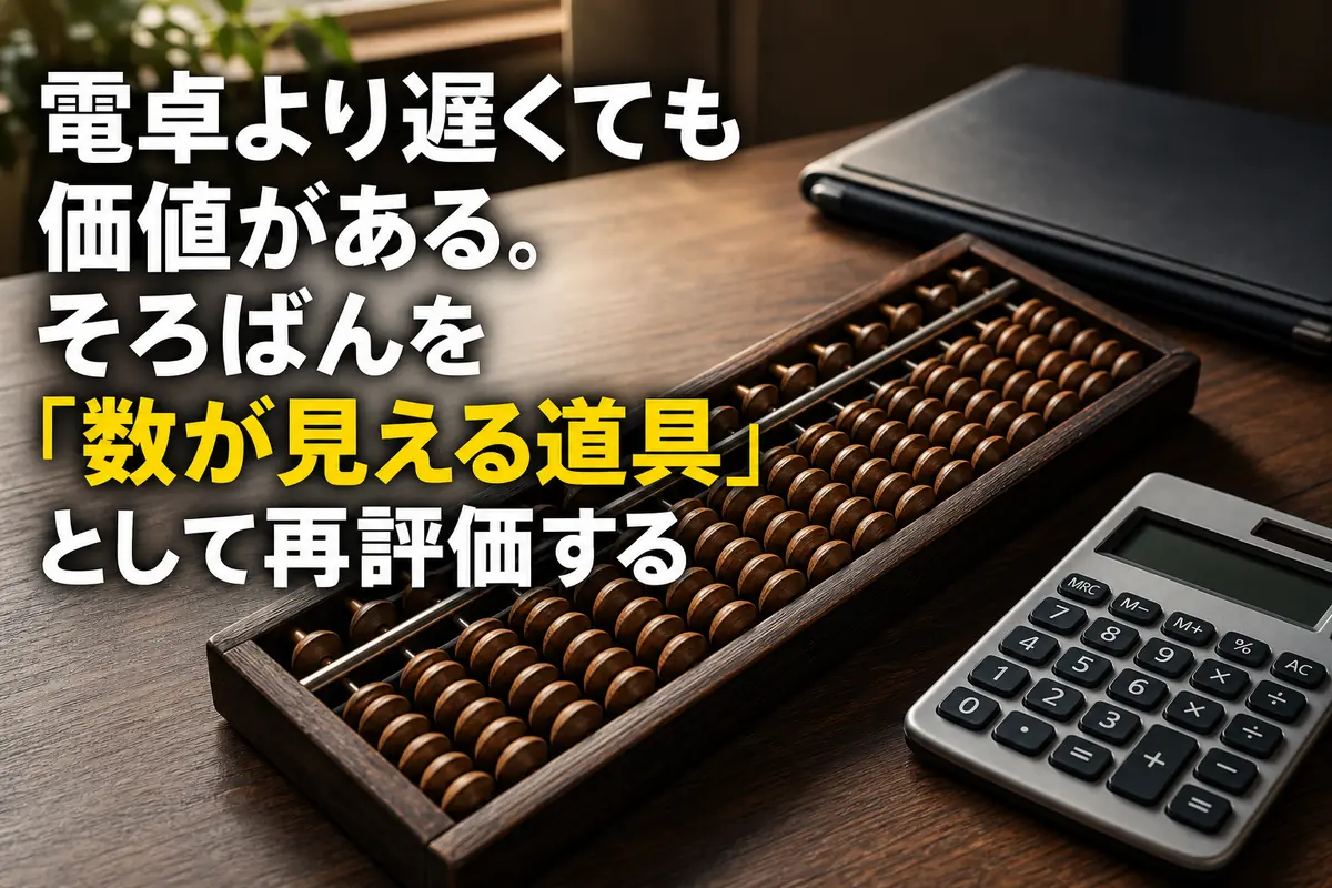 木製のそろばんと電卓を現代の机上に並べた様子。
