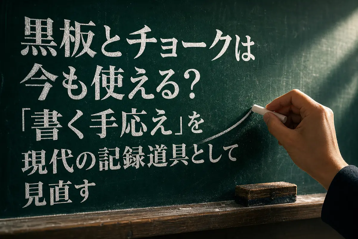 深緑の黒板に白いチョークで文字を書く手元。