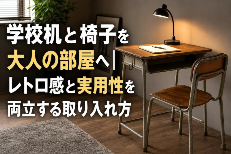 現代的な部屋の一角に置かれた木製天板の学校机と椅子。