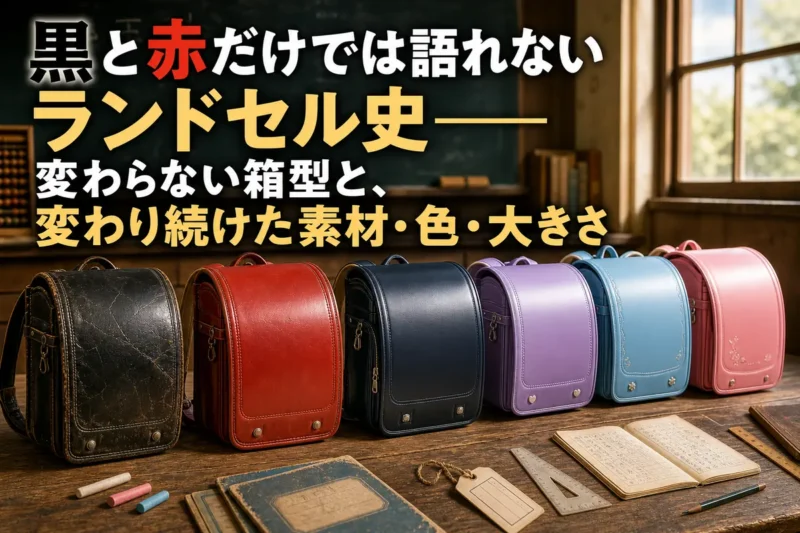 昭和の黒と赤から現代の多色モデルまで、ランドセルの変遷を並べたイメージ。