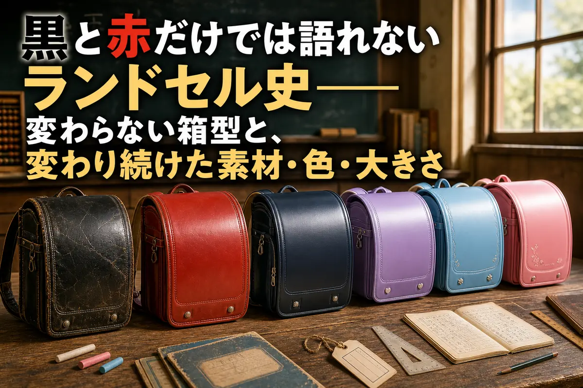 昭和の黒と赤から現代の多色モデルまで、ランドセルの変遷を並べたイメージ。