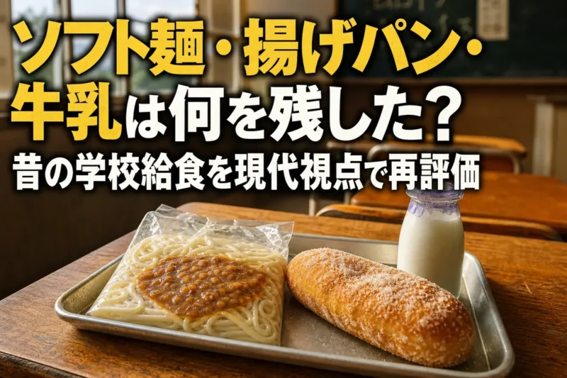 木の学校机にソフト麺、揚げパン、牛乳を並べた昔の給食風景。