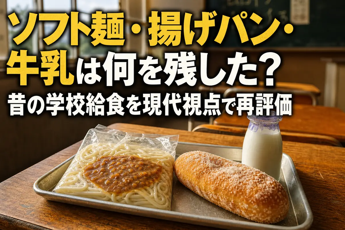 木の学校机にソフト麺、揚げパン、牛乳を並べた昔の給食風景。