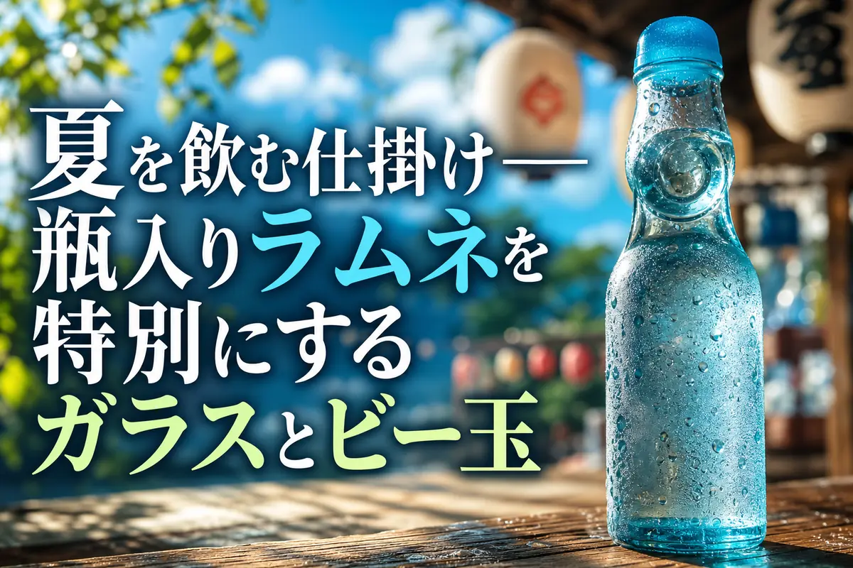 冷えたガラス瓶の中にビー玉が見える夏のラムネ。