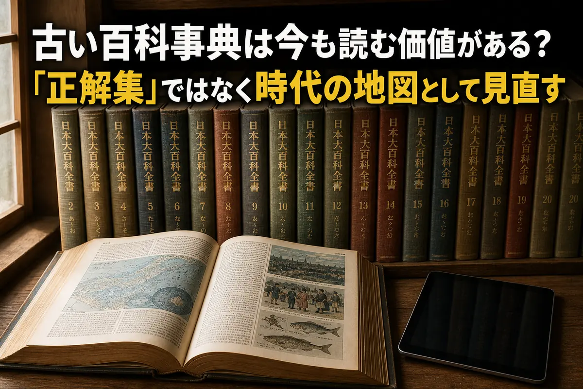 古い百科事典の開いた一冊と全巻セットを現代の端末と並べた様子。