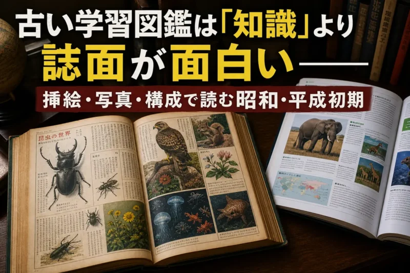 昭和期の学習図鑑と現代の図鑑を机上で見比べる様子。