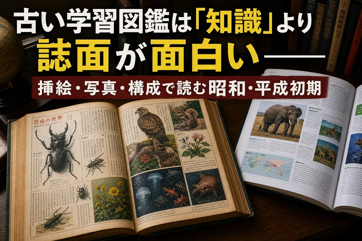 昭和期の学習図鑑と現代の図鑑を机上で見比べる様子。
