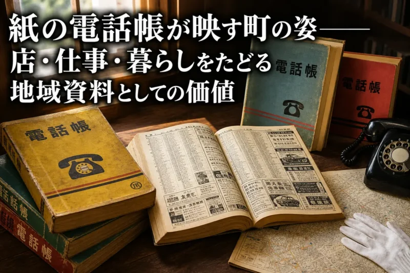 古い電話帳と黒電話、地域地図を木机に並べた資料調査の風景。