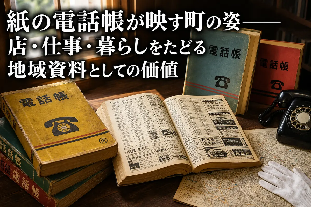 古い電話帳と黒電話、地域地図を木机に並べた資料調査の風景。