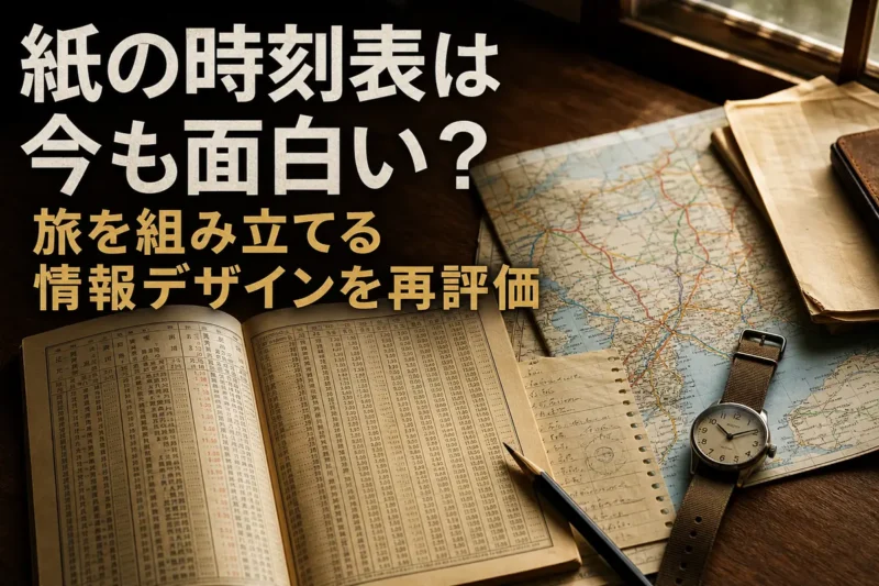 木の机に開かれた紙の時刻表と路線図、旅のメモ。