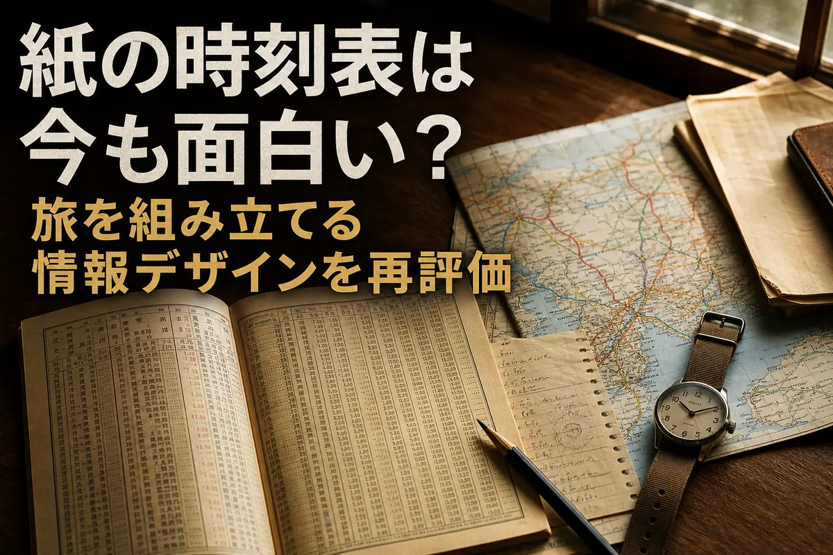 木の机に開かれた紙の時刻表と路線図、旅のメモ。