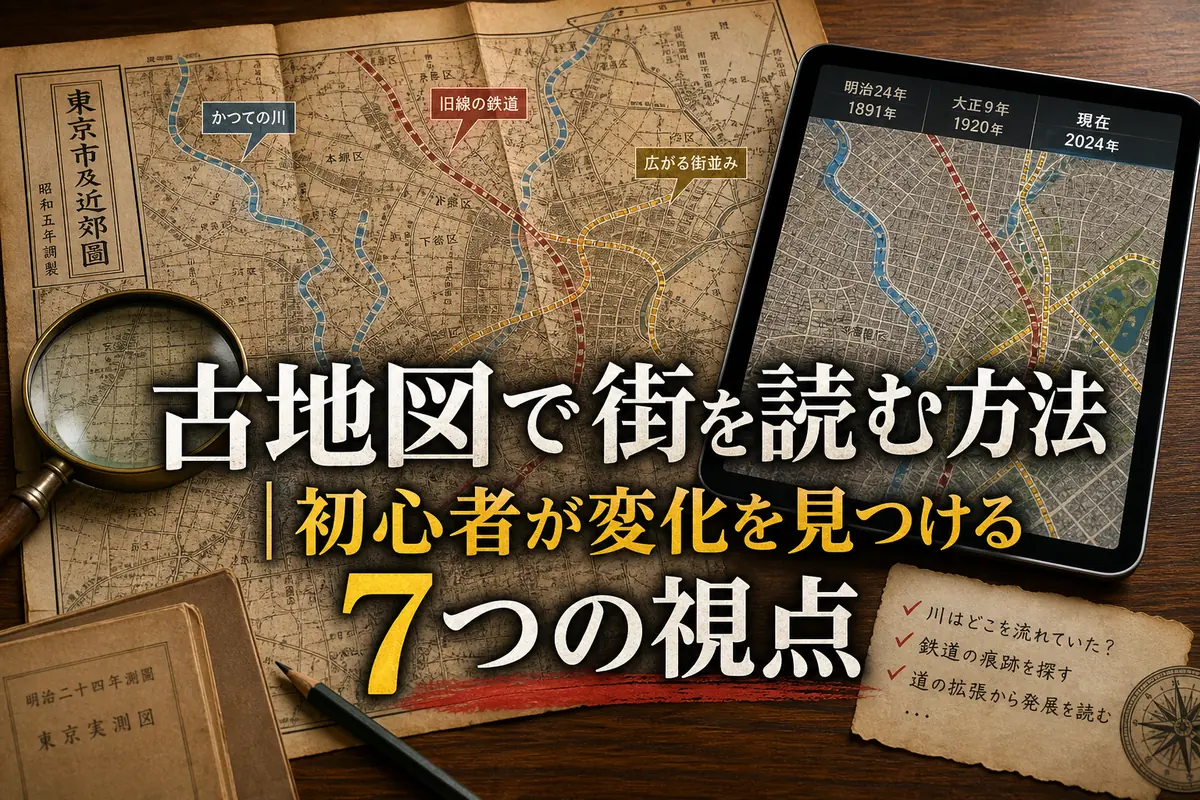 古地図と現代の地図を見比べながら街の変化を調べる机上の様子。
