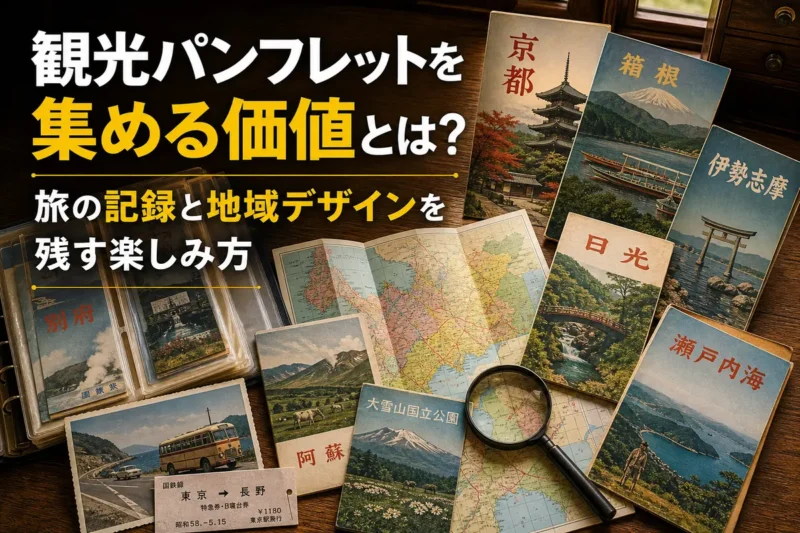 昭和から平成初期の観光パンフレットと旅の資料を机上に並べた様子。