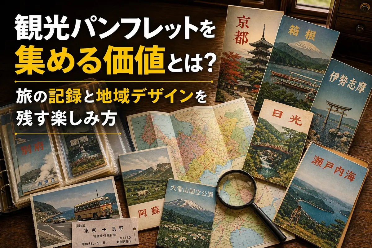 昭和から平成初期の観光パンフレットと旅の資料を机上に並べた様子。