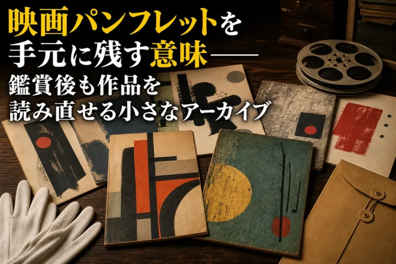 昭和から平成初期を思わせる映画パンフレットと保存用品を机上に並べた様子。