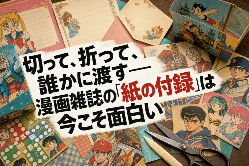 昭和から平成初期を思わせる漫画雑誌の紙製付録を机上に並べた様子。