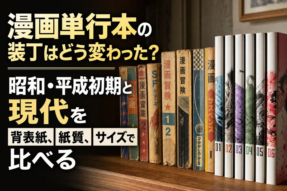 古い漫画単行本と現代のコミックスを背表紙とサイズが分かるように並べた様子。