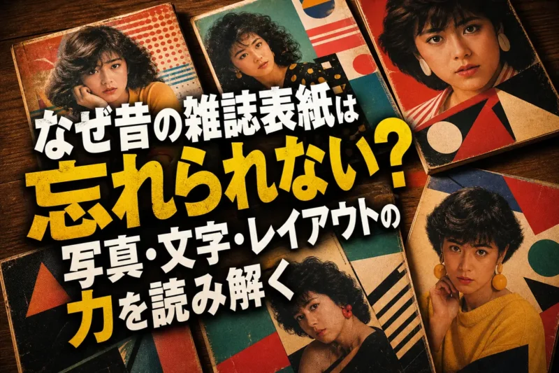 昭和から平成初期を思わせる古い雑誌が木の机に並ぶ様子。