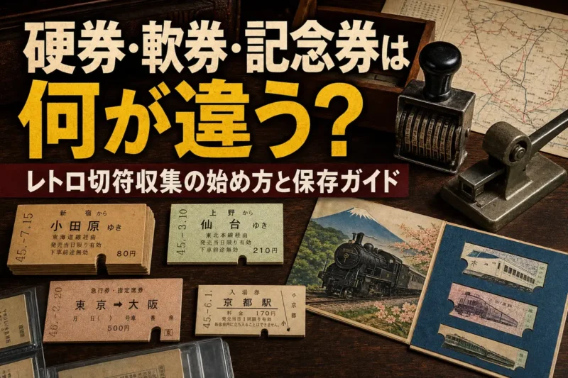 硬券や軟券、記念乗車券と改札鋏を並べたレトロな鉄道切符のコレクション。