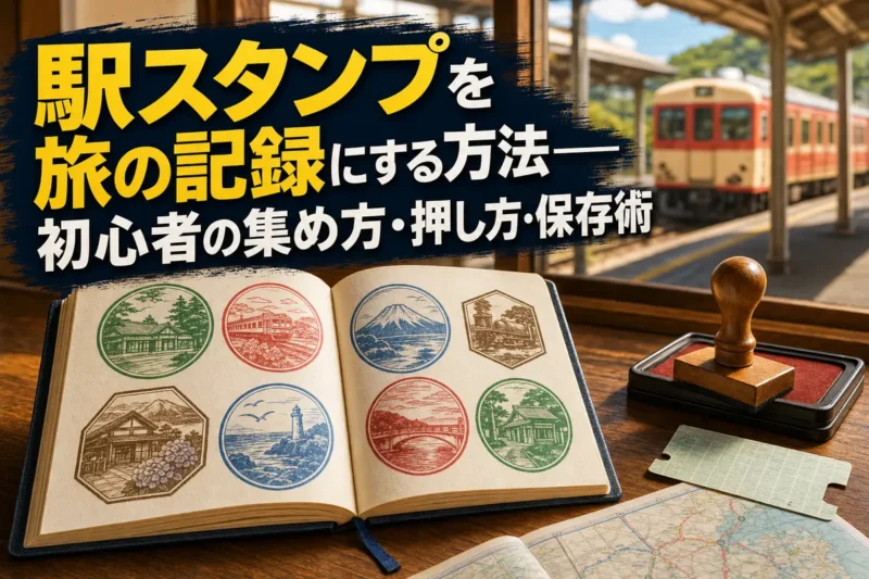 駅スタンプを押した旅ノートと印章が駅のカウンターに並んでいる。