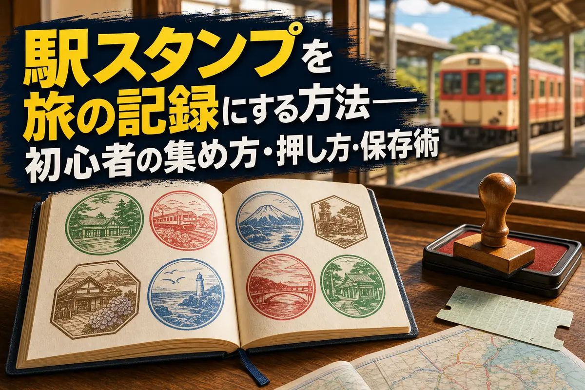 駅スタンプを押した旅ノートと印章が駅のカウンターに並んでいる。
