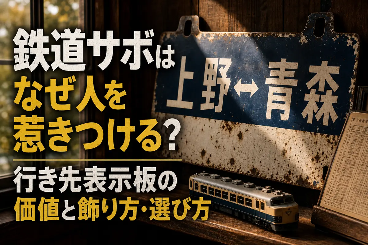 古い鉄道サボを時刻表や模型とともに飾った様子。