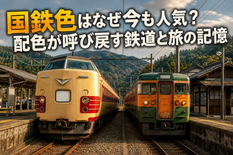 国鉄特急色と湘南色を思わせるレトロ車両が並ぶ駅の風景。