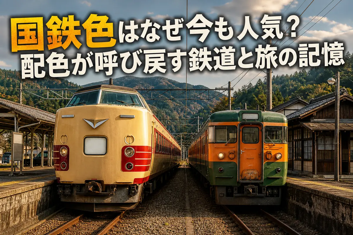国鉄特急色と湘南色を思わせるレトロ車両が並ぶ駅の風景。