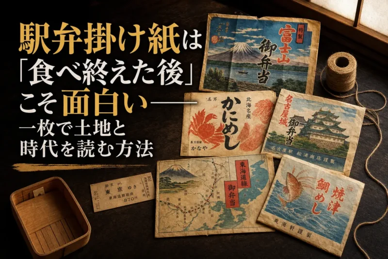 各地の名所絵が描かれた古い駅弁掛け紙を木の机に並べた様子。