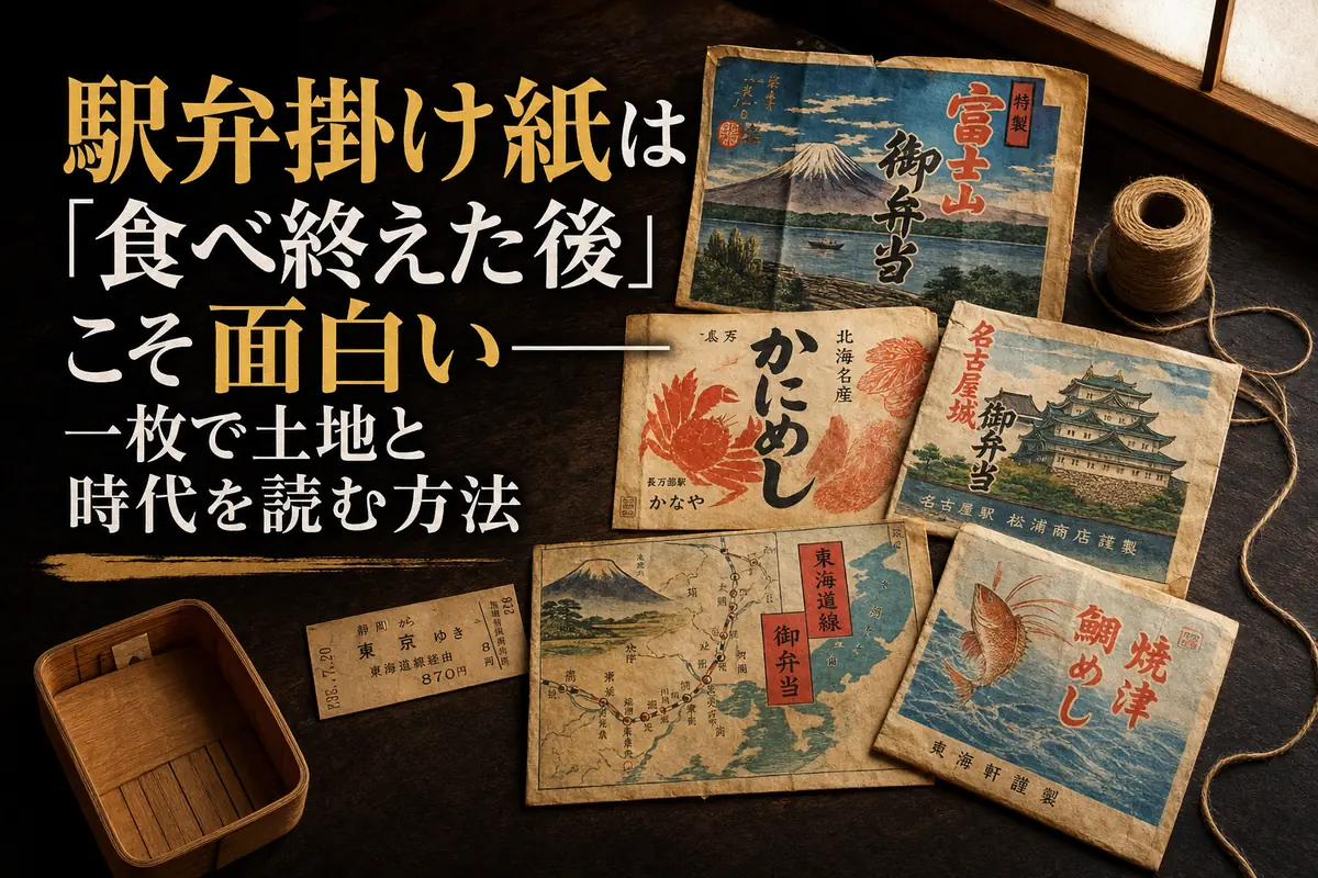 各地の名所絵が描かれた古い駅弁掛け紙を木の机に並べた様子。