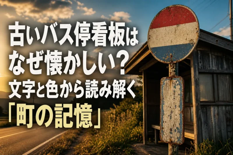 色あせた昔のバス停看板が静かな道沿いに立つ風景。