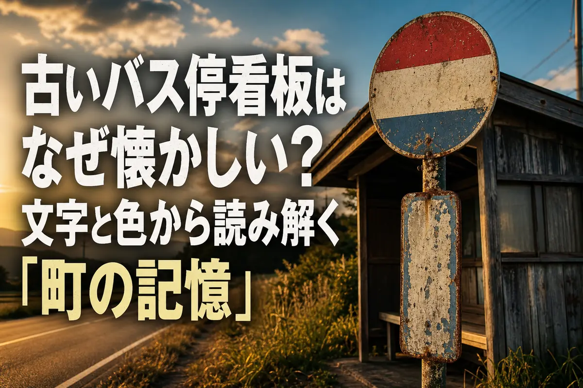色あせた昔のバス停看板が静かな道沿いに立つ風景。